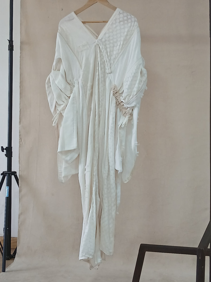 Ivory Textured Mixed-Panel H-Idah Kaftan