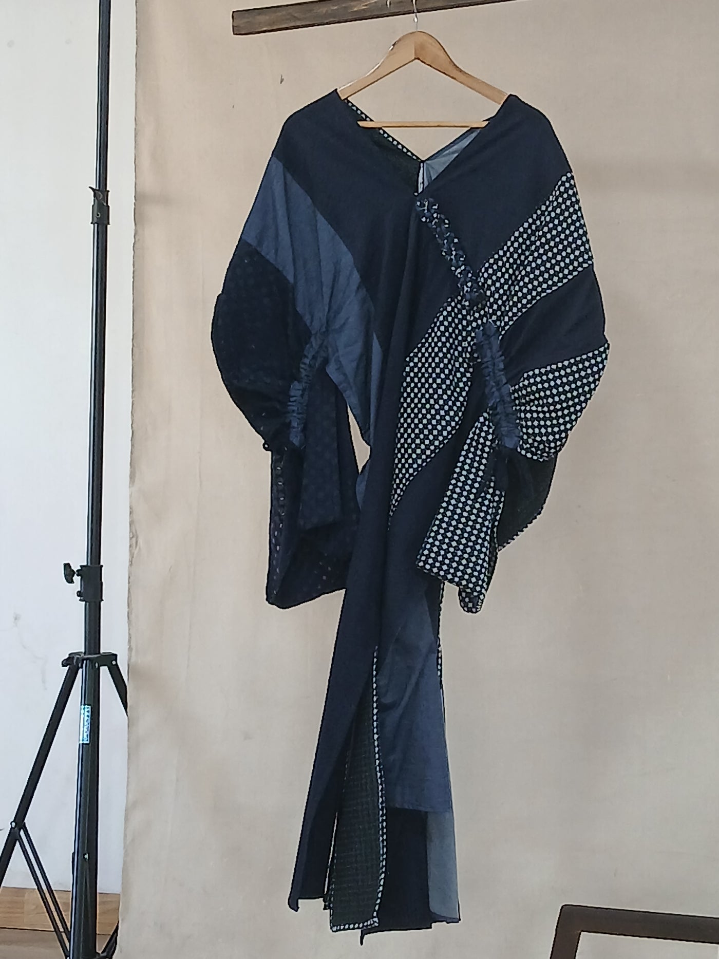Navy Polka Dot Mixed-Panel H-Idah Kaftan