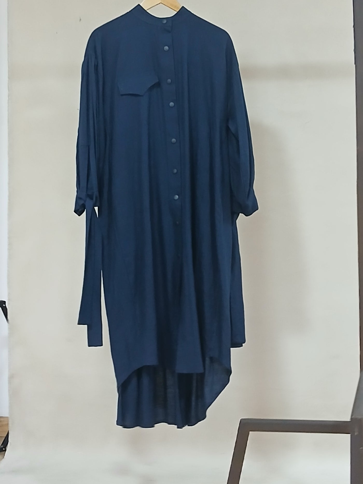 Kem Dress - Navy Linen Mandarin Collar Long Shirt