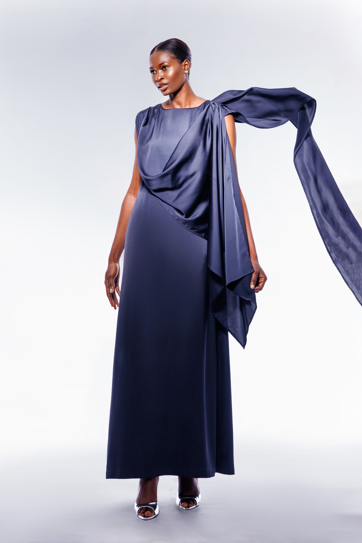 Sophie - Navy Satin Draped Cape Dress - View 3