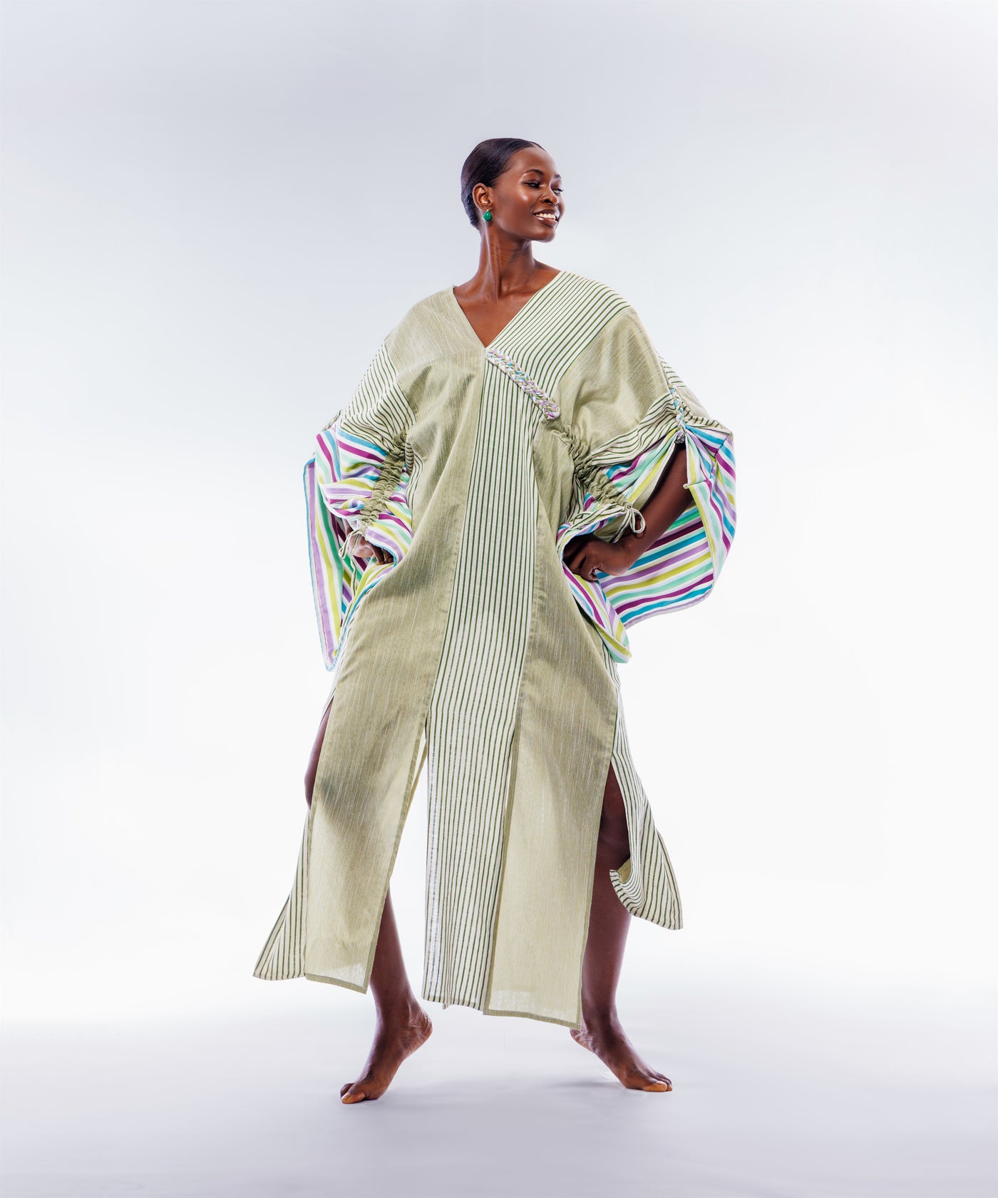 Sage Green Striped H-Idah Kaftan with Unique Sleeves