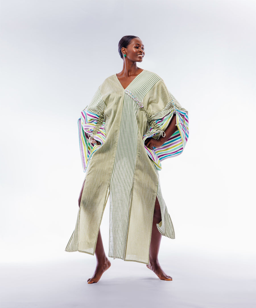 Sage Green Striped H-Idah Kaftan with Unique Sleeves