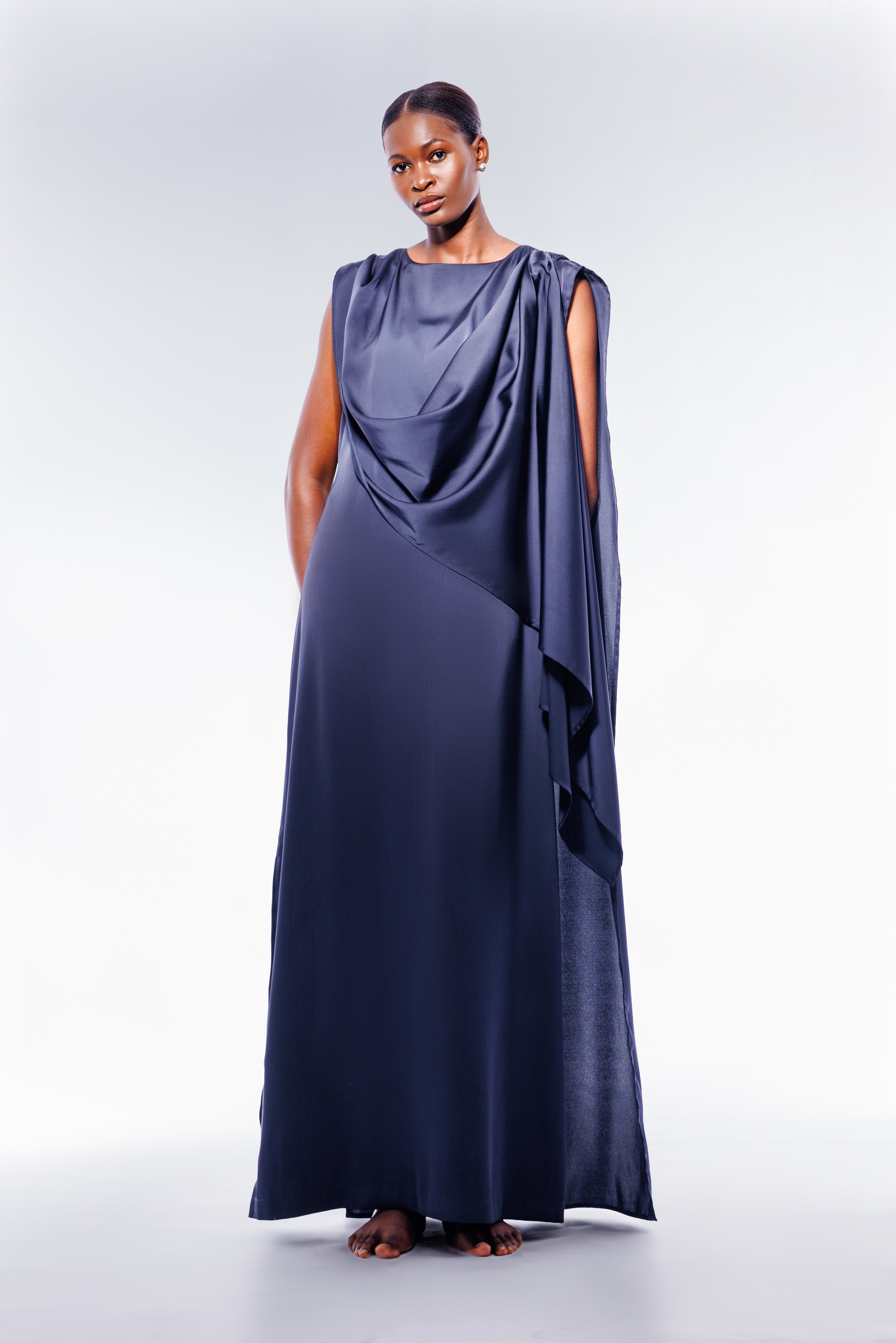 Sophie Navy Satin Draped Cape Dress