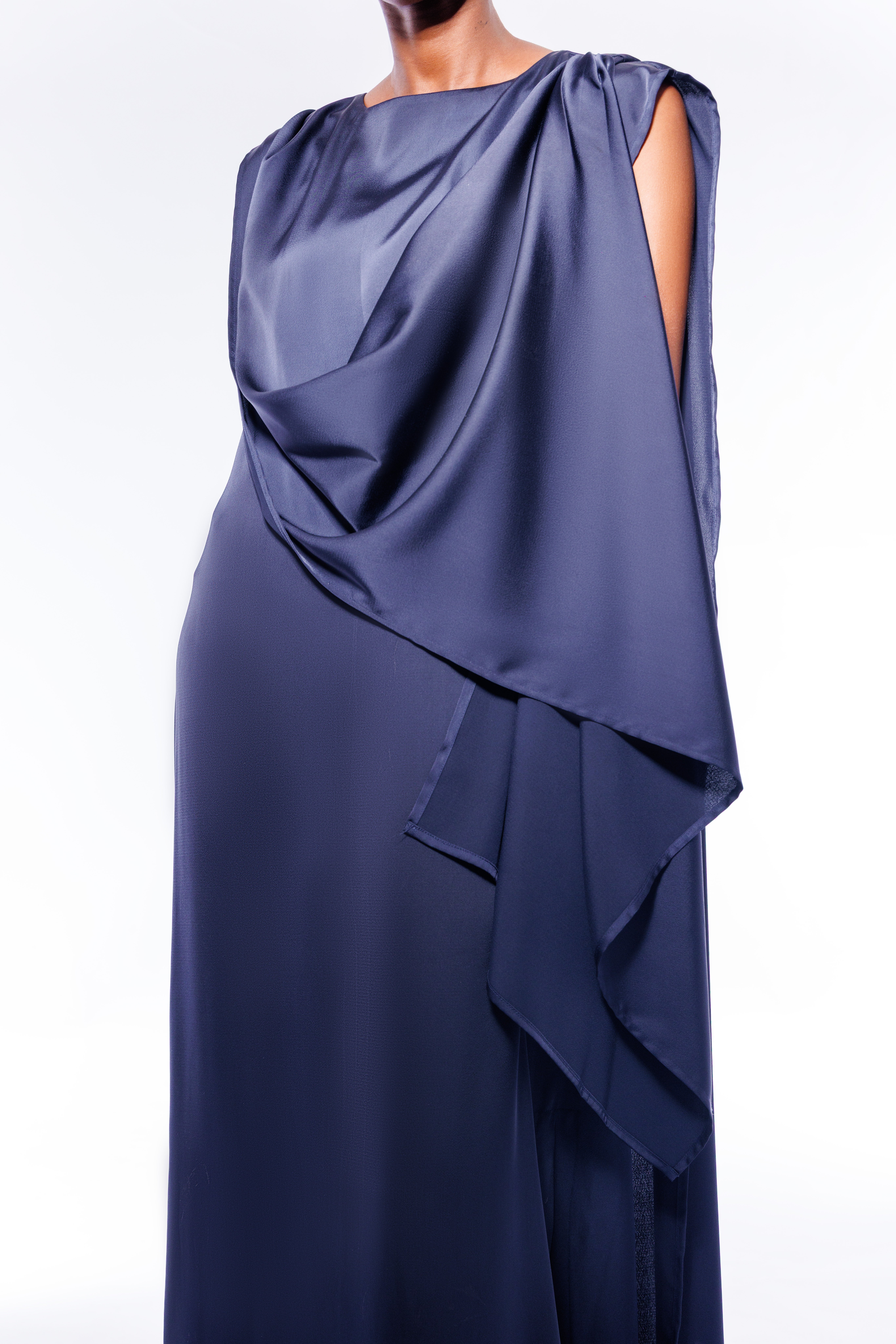 Sophie navy satin draped cape dress detail